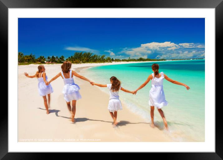 Happy Caucasian family in white walking holding hands  Framed Mounted Print by Spotmatik 
