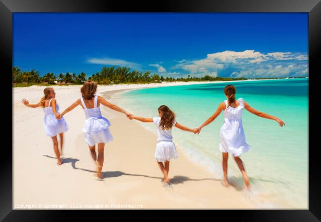 Happy Caucasian family in white walking holding hands  Framed Print by Spotmatik 