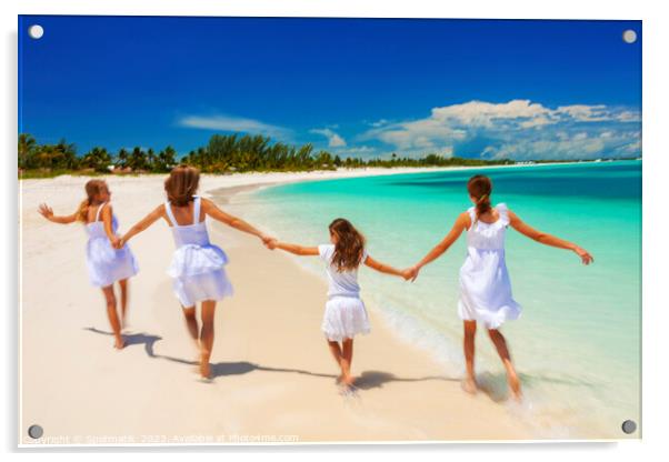 Happy Caucasian family in white walking holding hands  Acrylic by Spotmatik 