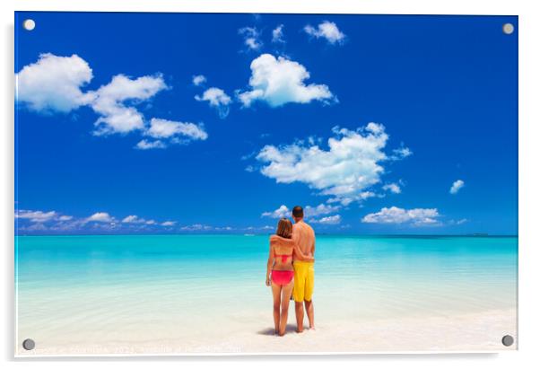 Happy Caucasian couple together on beach holiday Caribbean Acrylic by Spotmatik 