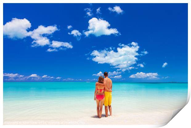 Happy Caucasian couple together on beach holiday Caribbean Print by Spotmatik 