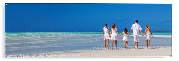 Panorama Healthy Caucasian family together on beach vacation Acrylic by Spotmatik 