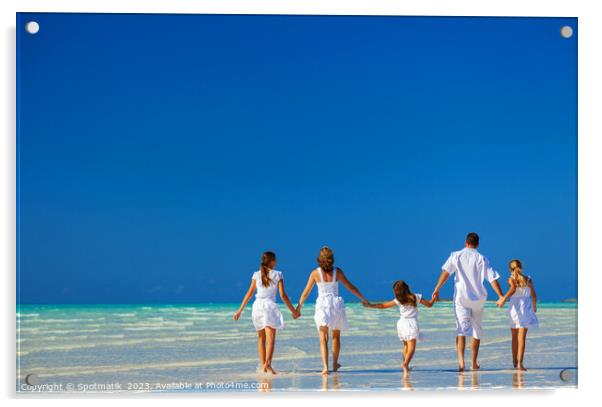 Happy Caucasian family on tropical beach enjoying leisure Acrylic by Spotmatik 