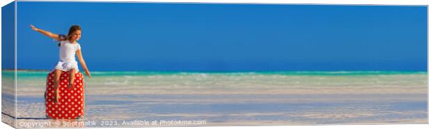Panorama Portrait of girl cruise travel luggage on beach Canvas Print by Spotmatik 