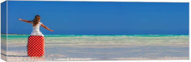 Panorama Portrait of girl cruise travel luggage on beach Canvas Print by Spotmatik 
