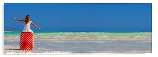 Panorama Portrait of girl cruise travel luggage on beach Acrylic by Spotmatik 