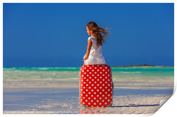 Girl sitting on red polka dot travel suitcase  Print by Spotmatik 