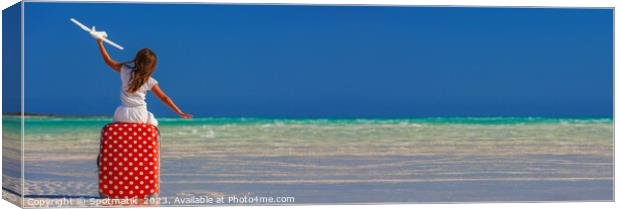 Panorama Portrait of girl airplane cruise travel luggage beach Canvas Print by Spotmatik 