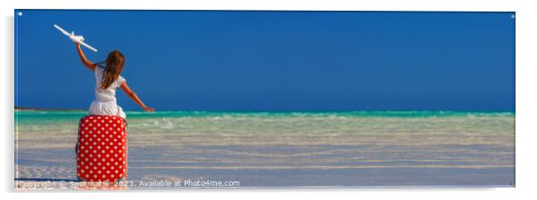 Panorama Portrait of girl airplane cruise travel luggage beach Acrylic by Spotmatik 