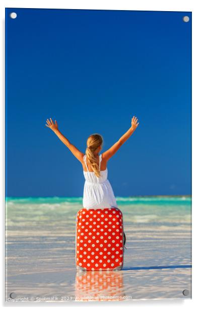Blonde female teenager on beach sitting on suitcase Acrylic by Spotmatik 