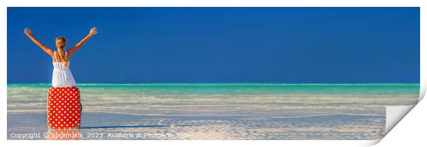 Panorama of female traveler on Bahamas ocean beach Print by Spotmatik 