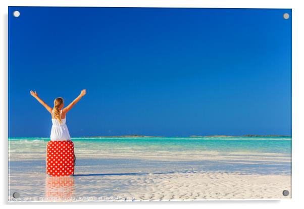 Blonde girl having beach fun sitting on suitcase Acrylic by Spotmatik 