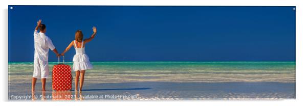 Panoramic of young couple vacationing Bahamas ocean beach Acrylic by Spotmatik 