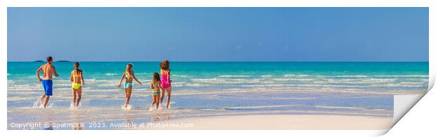 Panorama Caucasian parents and daughters Caribbean beach Print by Spotmatik 