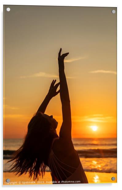 Bohemian girl enjoying carefree lifestyle dancing on beach Acrylic by Spotmatik 
