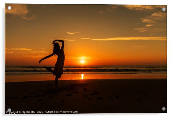 Happy young girl dancing on beach at sunset Acrylic by Spotmatik 