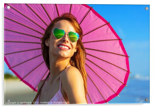 Hippy chic with parasol smiling in beach vacation Acrylic by Spotmatik 