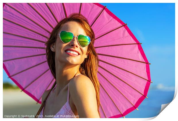 Hippy chic with parasol smiling in beach vacation Print by Spotmatik 