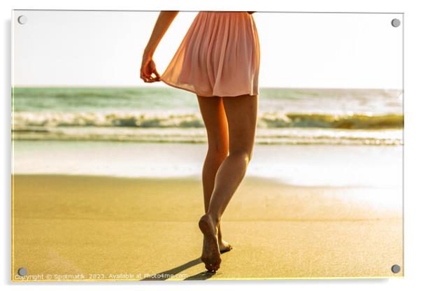 Young girl enjoying solo beach vacation at sunset Acrylic by Spotmatik 