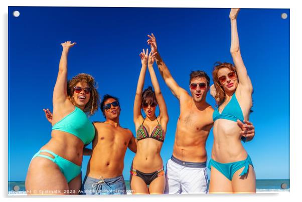 Beach party fun friends in swimwear enjoying vacation Acrylic by Spotmatik 