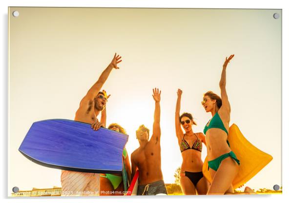 Friends in swimwear with bodyboards celebrating Summer vacation Acrylic by Spotmatik 