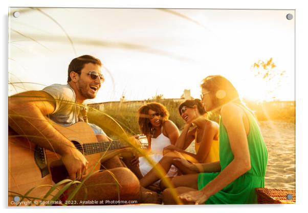 Young friends enjoying guitar music on beach vacation Acrylic by Spotmatik 