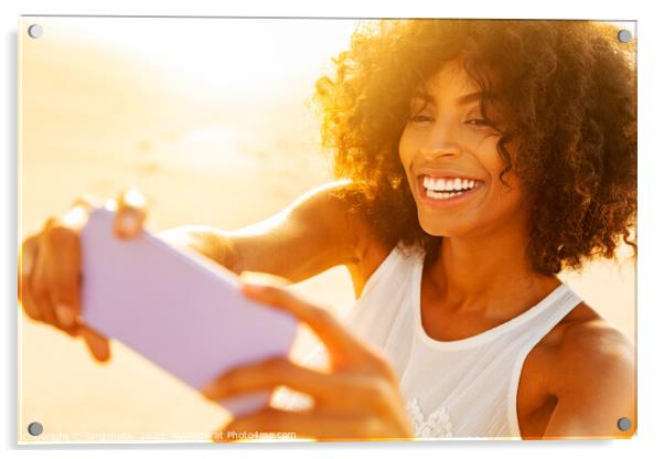 Afro American girl on beach vacation taking selfies Acrylic by Spotmatik 