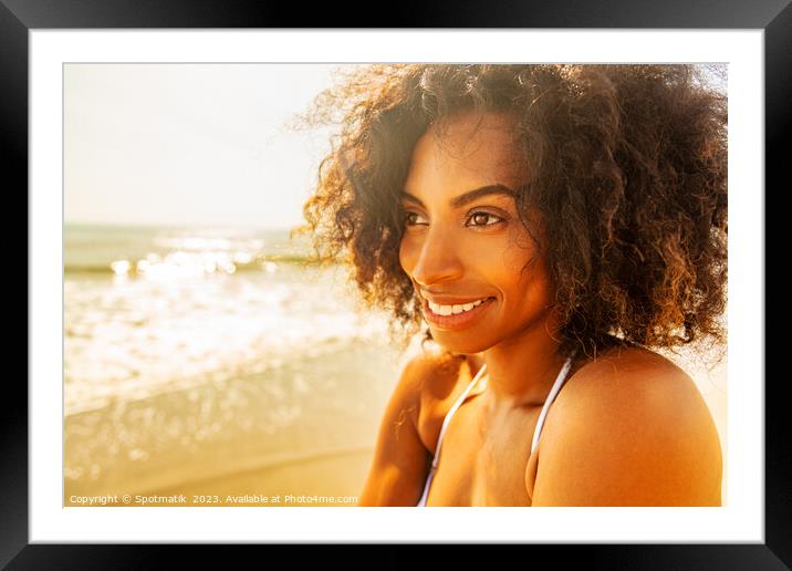 Smiling Afro American female enjoying Summer by Ocean Framed Mounted Print by Spotmatik 