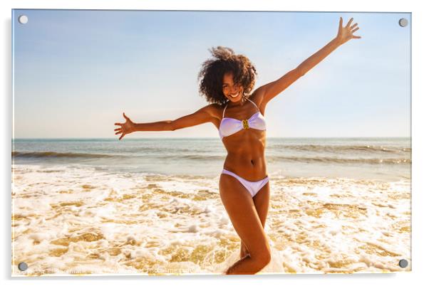 African American girl enjoying Summer fun in ocean Acrylic by Spotmatik 