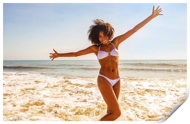 African American girl enjoying Summer fun in ocean Print by Spotmatik 