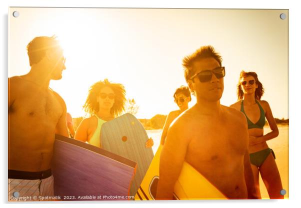 Friends in swimwear carrying bodyboards enjoying Summer vacation Acrylic by Spotmatik 
