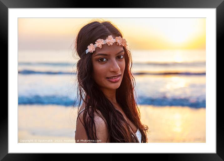 Young Indian woman by ocean on Summer vacation Framed Mounted Print by Spotmatik 