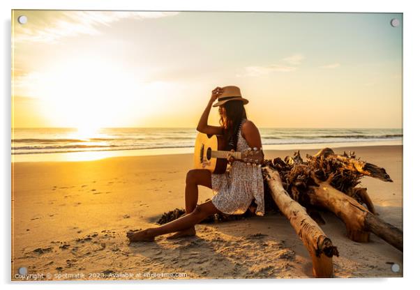 Indian female sitting on driftwood with ocean sunrise Acrylic by Spotmatik 