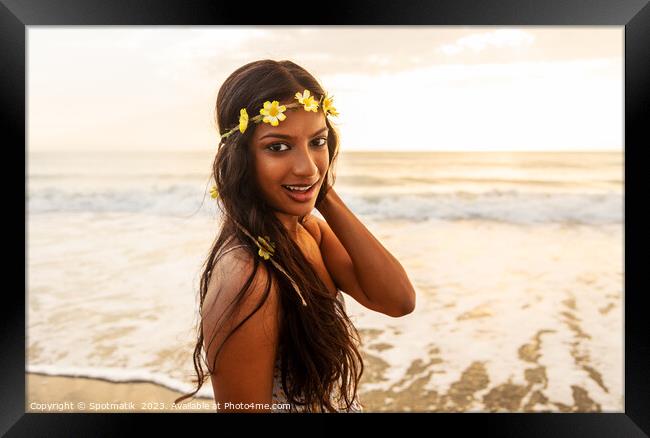 Indian woman by the ocean wearing flower headband Framed Print by Spotmatik 
