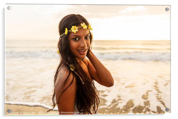 Indian woman by the ocean wearing flower headband Acrylic by Spotmatik 