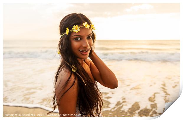 Indian woman by the ocean wearing flower headband Print by Spotmatik 