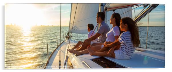 Panorama of Latin American family on sailing vacation at sunset Acrylic by Spotmatik 