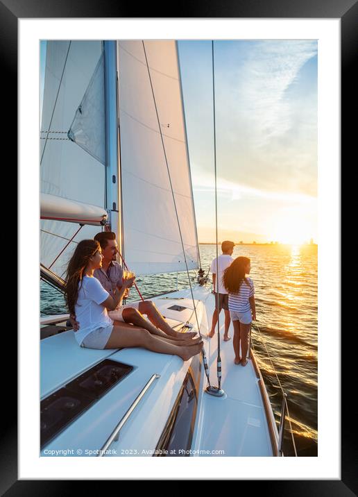 Hispanic family enjoying vacation on yacht at sunset Framed Mounted Print by Spotmatik 