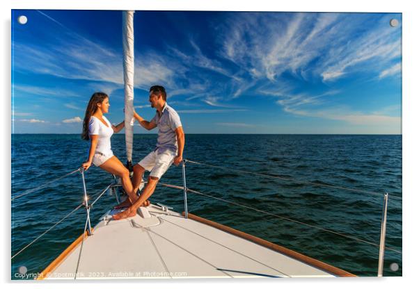 Hispanic couple enjoying luxury travel on private yacht Acrylic by Spotmatik 