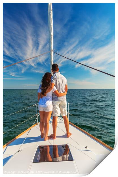 Loving young Latino couple standing on luxury yacht Print by Spotmatik 