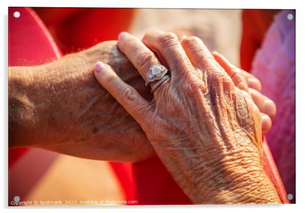 Linked hands of senior Caucasian couple on vacation Acrylic by Spotmatik 