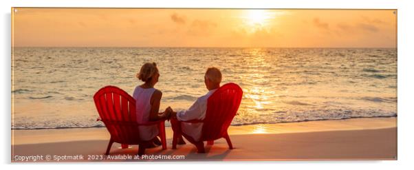 Panoramic ocean view with mature couple sitting together Acrylic by Spotmatik 