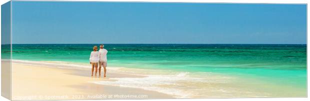 Panoramic view of mature couple walking on beach Canvas Print by Spotmatik 