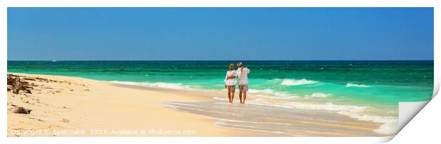 Panoramic view retired couple walking by turquoise ocean Print by Spotmatik 