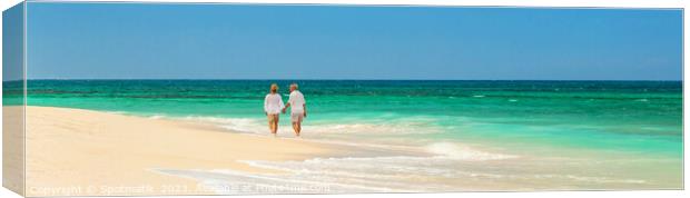 Panoramic retired couple by ocean at island resort Canvas Print by Spotmatik 