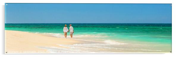 Panoramic retired couple by ocean at island resort Acrylic by Spotmatik 