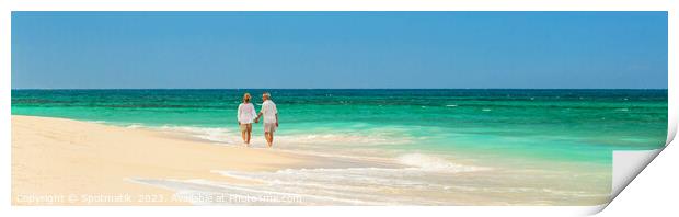 Panoramic retired couple by ocean at island resort Print by Spotmatik 