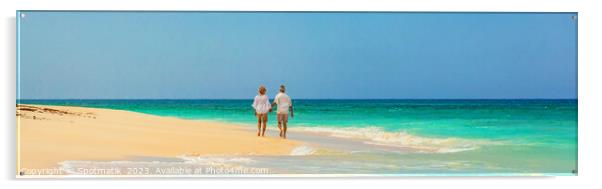 Panoramic view mature couple walking on beach Bahamas Acrylic by Spotmatik 