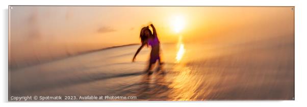 Panoramic ocean sunset with dancing female motion blur Acrylic by Spotmatik 