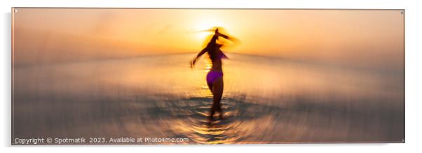 Panoramic ocean sunset with dancing girl motion blur Acrylic by Spotmatik 